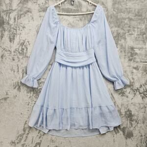 Exlura Dress‎ Womens L Blue Lantern Sleeve Tie Back Ruffled A-Line Mini Chiffon